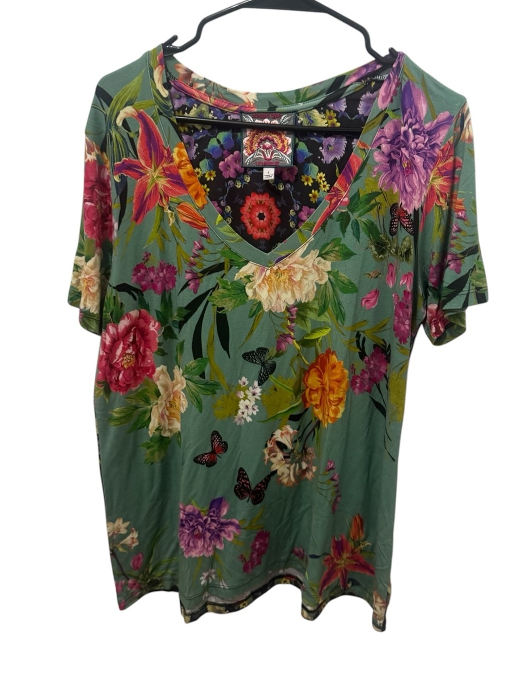 Johnny Was Panya Favorite Floral Short Sleeve V-Neck T-Shirt Top Size Large